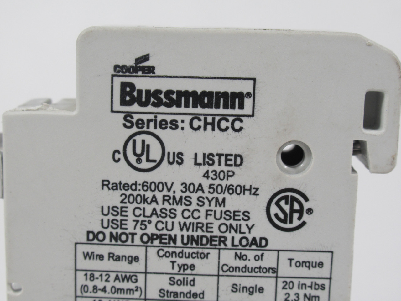 Cooper Bussmann CHCC1DU Fuse Holder 30A 600V 50/60Hz 1-Pole USED