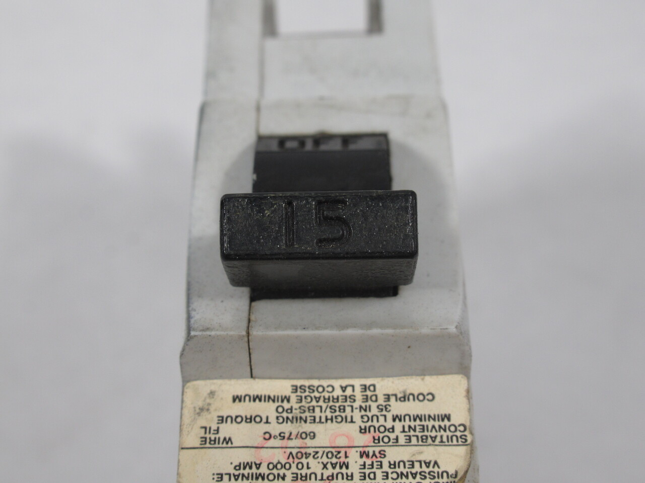 Federal Pioneer NB15 Bolt On Circuit Breaker White 15A 1-Pole 120/240VAC USED