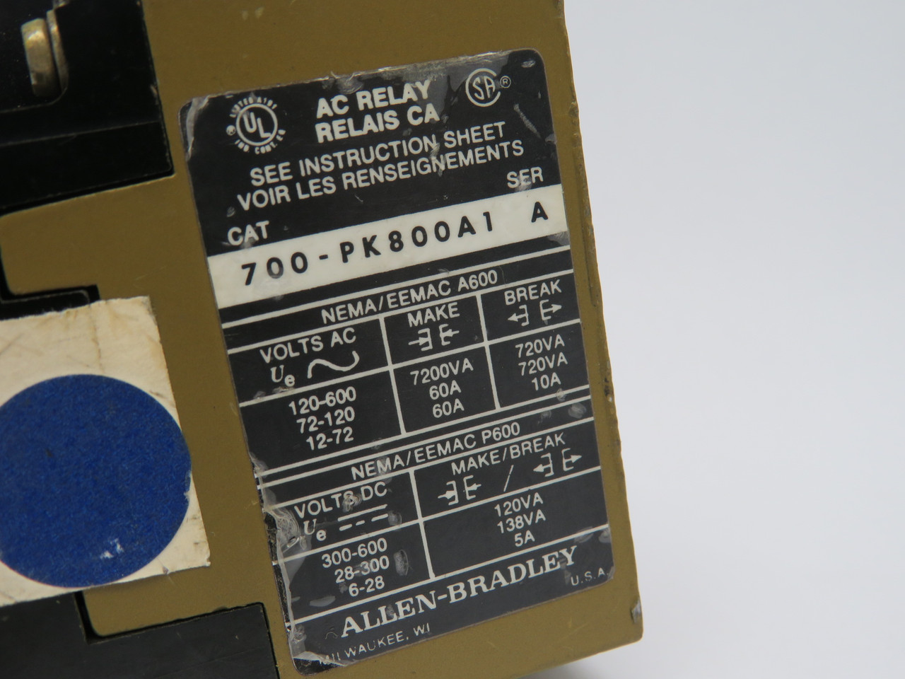 Allen-Bradley AC Control Relay 700-PK800A1 Series A Missing Contact Screw USED