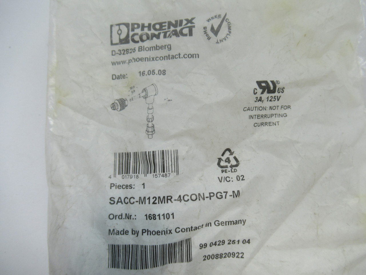 Phoenix Contact SACC-M12MR-4CON-PG7-M Connector 125V 3A 4 Position 1681101 NWB