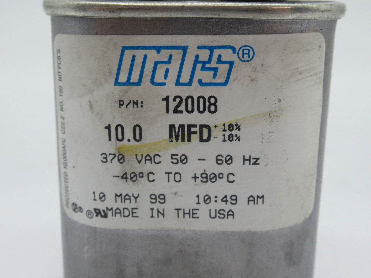 Mars 12008 Motor Run Capacitor 10.0 MFD +/- 10% 370VAC 50-60Hz USED