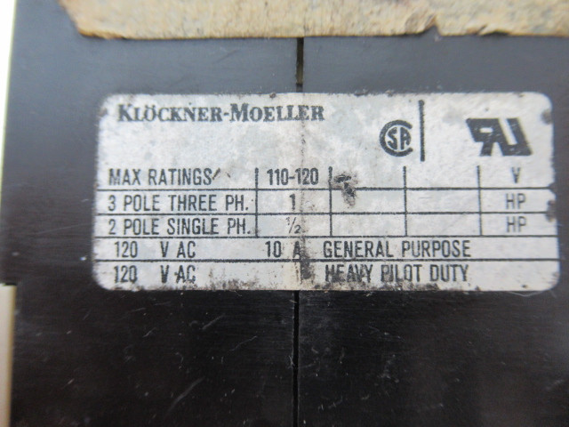 Klockner-Moeller DIL08-62-s-CNA Control Relay 110-120V 10A Coil 24V 60Hz USED