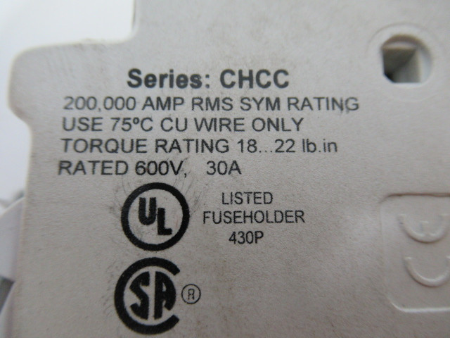 Bussmann CHCC2DI Fuse Holder Class CC 30A 600V 2P USED