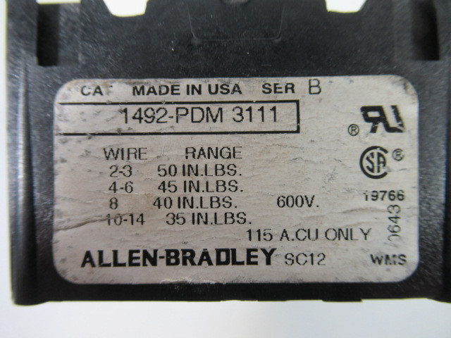 Allen-Bradley 1492-PDM-3111 Power Block 600V Series B 115A CU Wire Only USED
