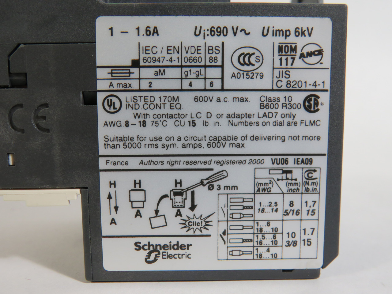 Schneider Electric LRD-06 Bimetallic Overload Relay 1-1.6A 690V USED