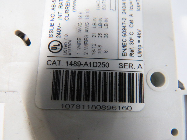 Allen-Bradley 1489-A1D250 Industrial Circuit Breaker 25A 277VAC 1P Series A USED