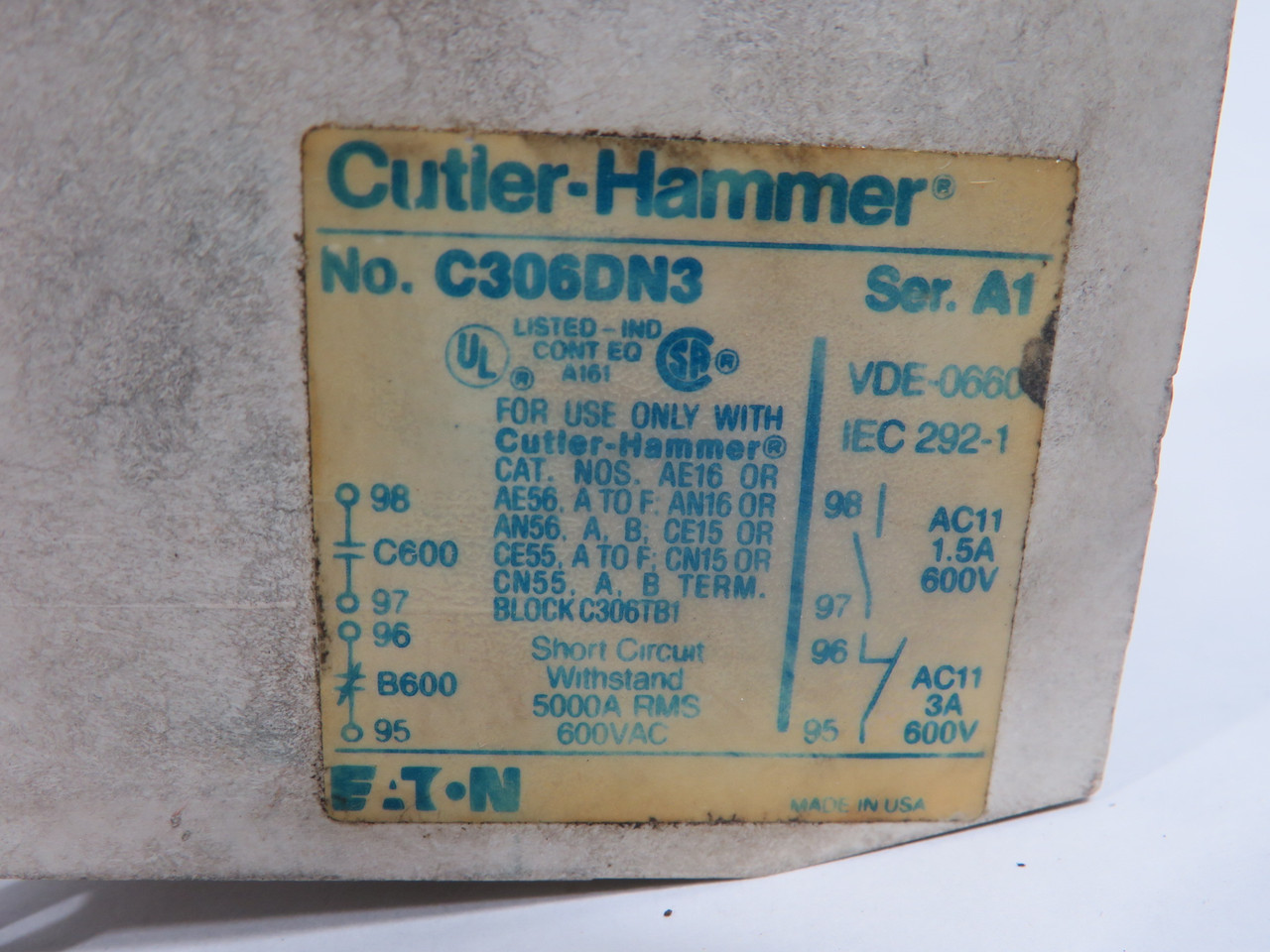 Cutler-Hammer C306DN3 Series A1 Overload Relay 32A 600VAC 3-Pole C/W H2005 USED
