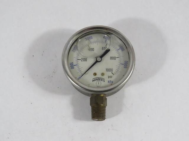 Winters PFQ2202R1 0-1000PSI 0-6800kPa Liquid-Filled Pressure Gauge USED