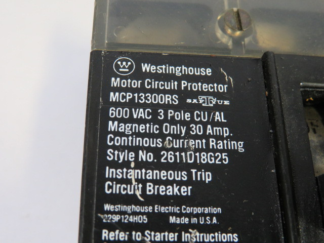 Westinghouse MCP13300RS Motor Circuit Protector 600VAC 30A 3-Pole USED