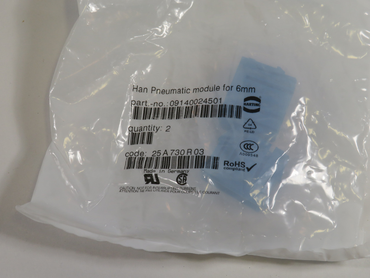 Harting 09140024501 Han Pneumatic Module For 6mm Contacts 2-Pack  NWB