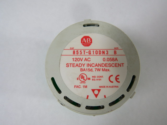 Allen-Bradley 855T-G10DN3 Control Tower Stack Light 120VAC 0.058A 7W USED