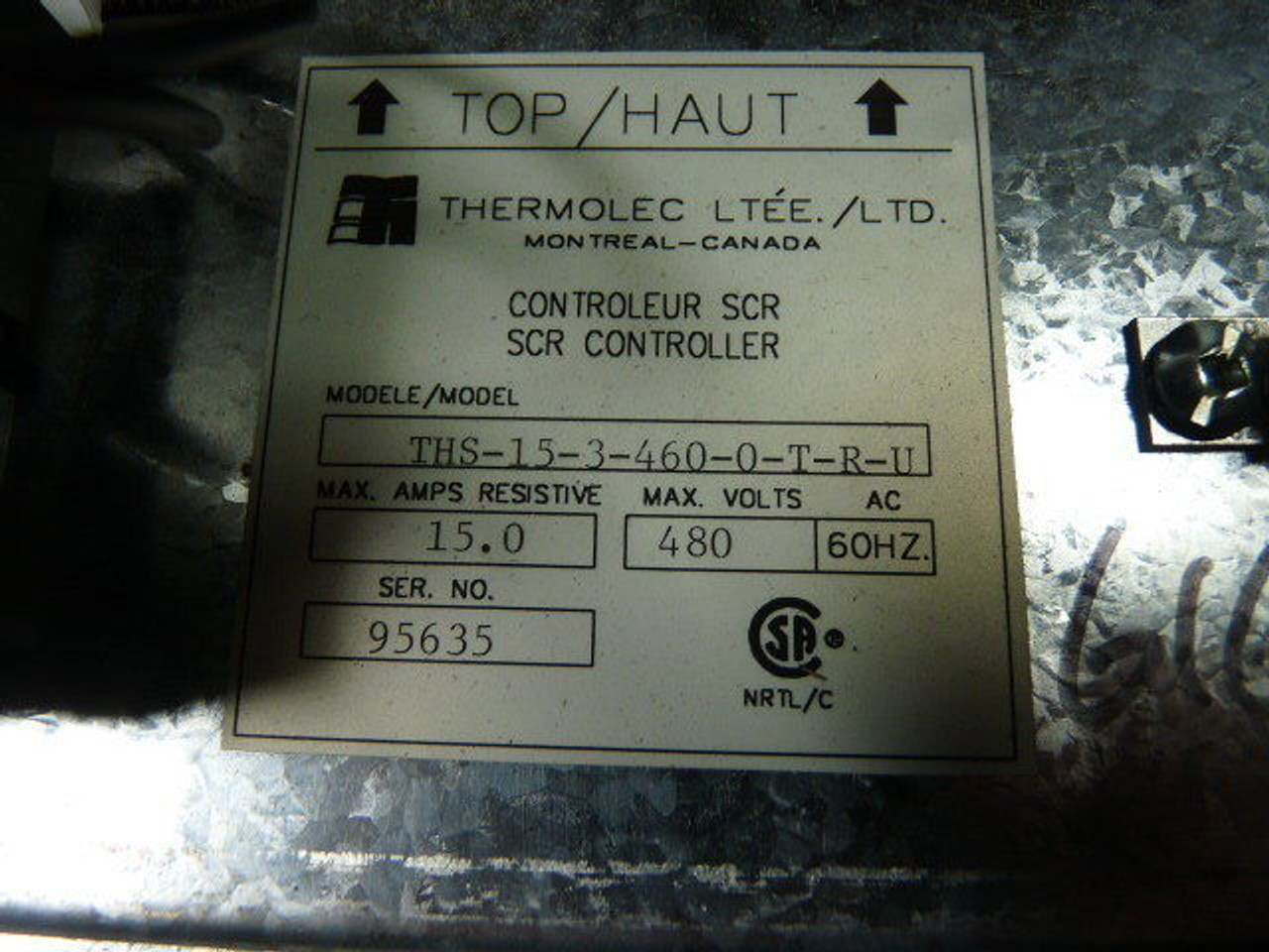 Thermolec THS-15-3-460-0-TRU SCR Controller 480VAC USED