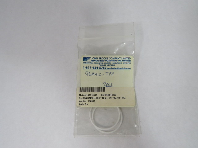 John Brooks Company Limited 96M412-TFE O-ring 2"ID 2-1/8"OD 1/8"WD 2Pcs ! NWB !