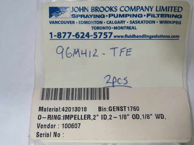 John Brooks Company Limited 96M412-TFE O-ring 2"ID 2-1/8"OD 1/8"WD 2Pcs ! NWB !