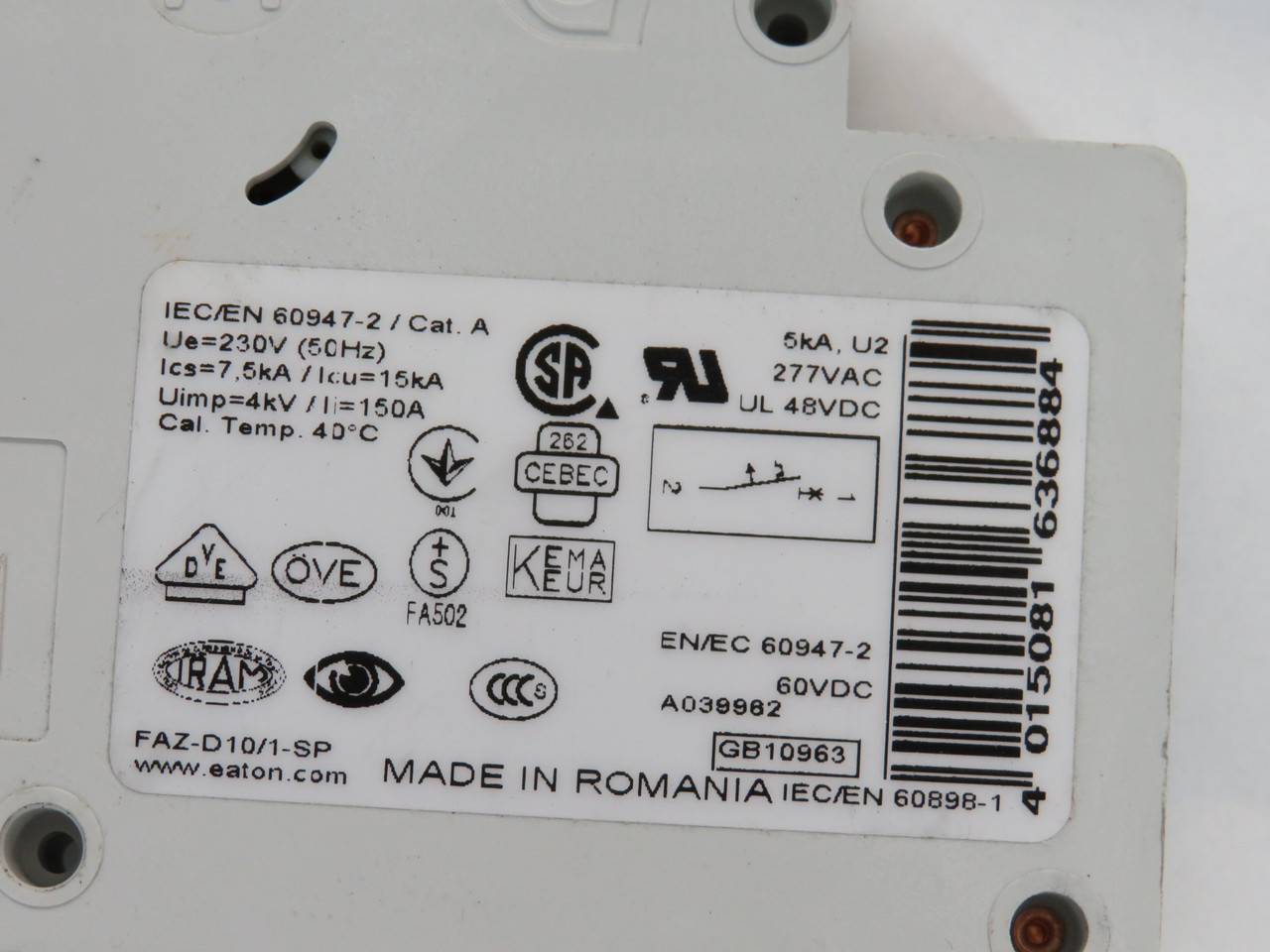 Eaton FAZ-D10/1-SP Circuit Breaker 10A 230/400VAC 240/415VAC 1P USED