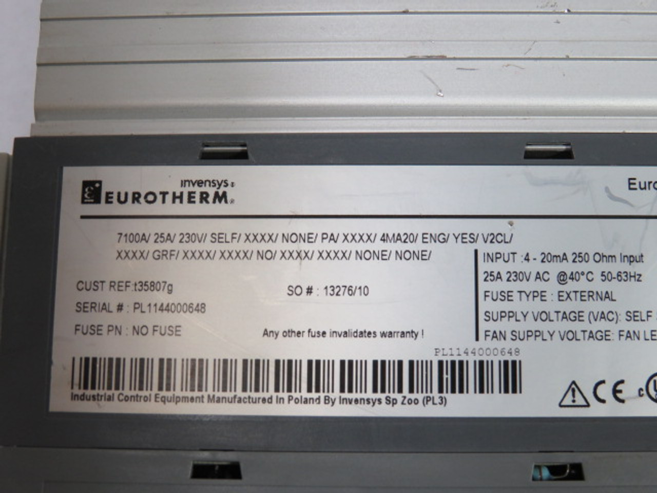 Eurotherm 7100A Single Phase Thyristor Drive 25A 230V 4-20mA USED