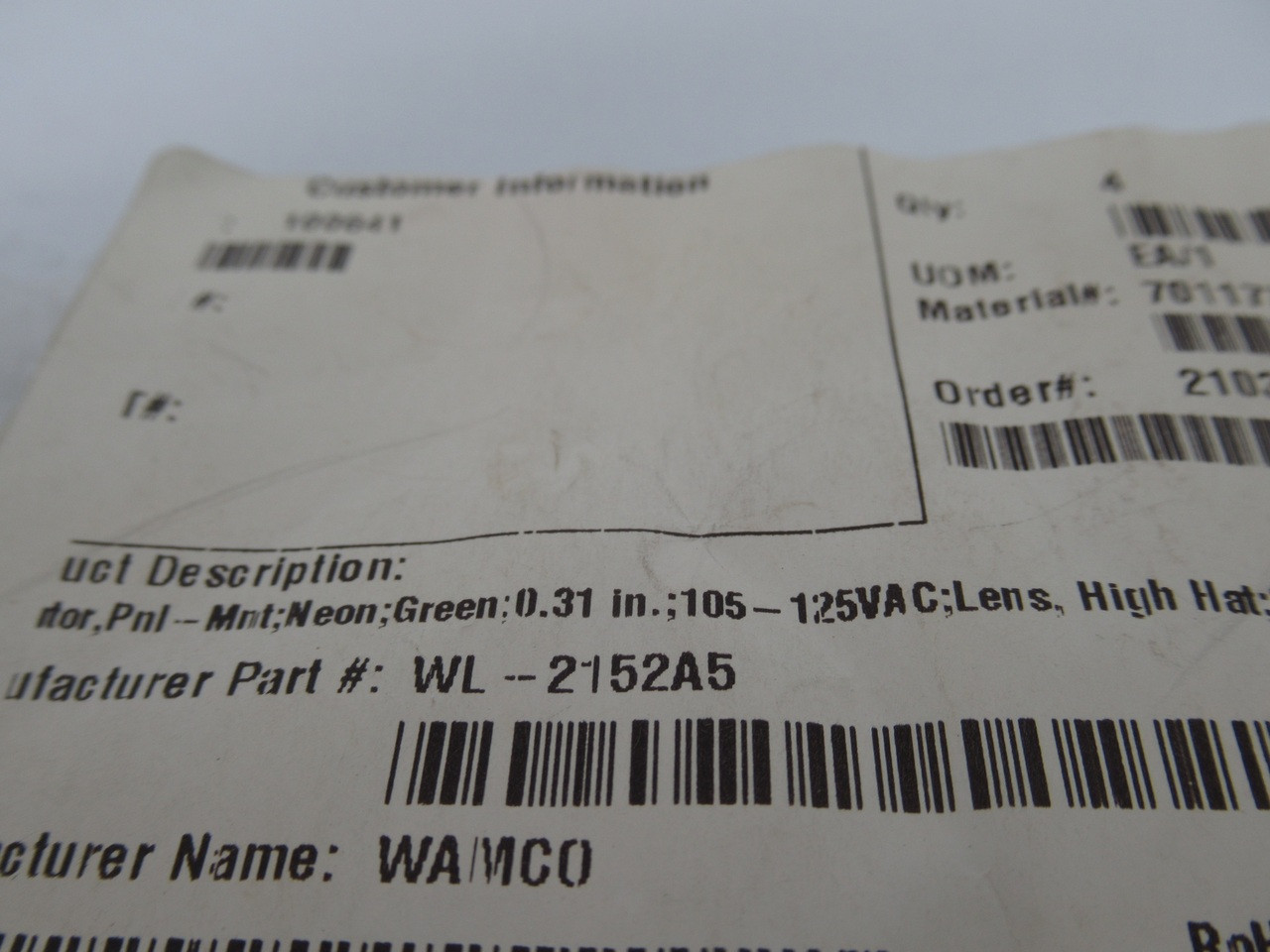 Wamco WL-2152A5 Green Pilot Light 125V .3W .31"Head 6" Lead Lot of 2 NWB