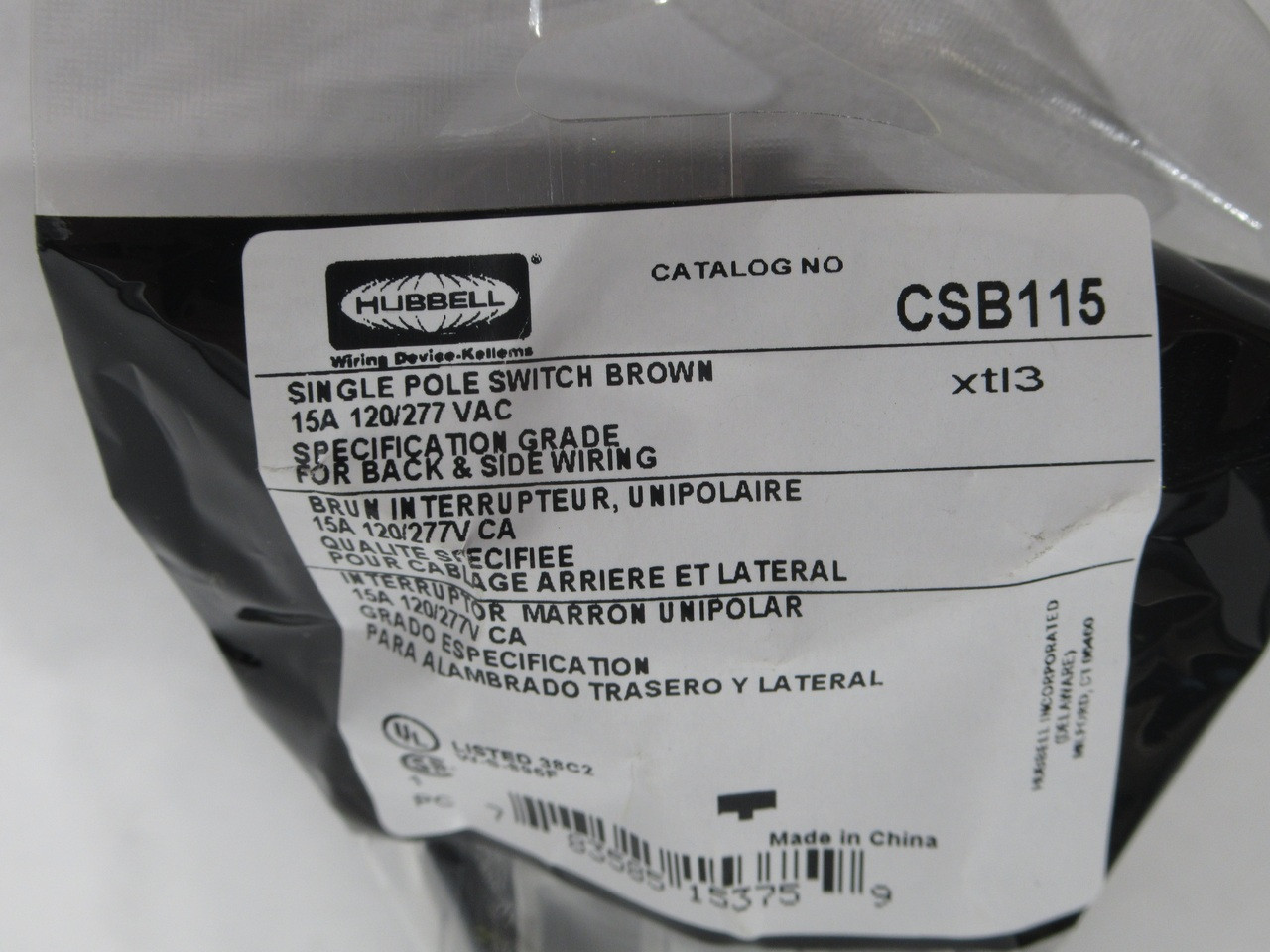 Hubbell CSB115 Brown Single Pole Toggle Switch 15A 120/277V 1P NWB