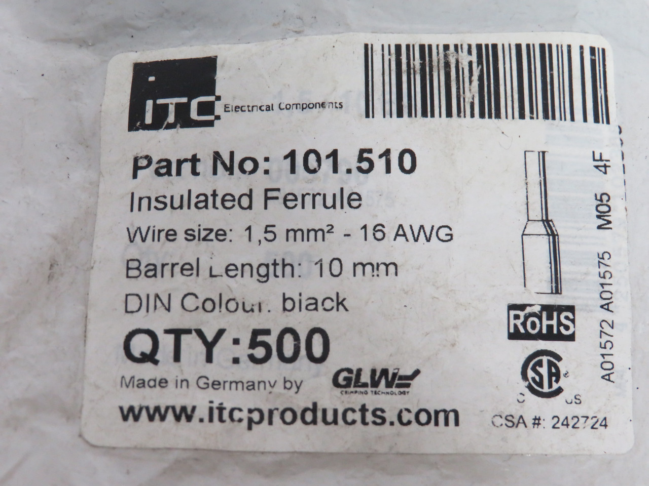 ITC 101.510 Black Insulated Ferrule 16AWG 1.5mm Lot of 246 *Open Bag* NWB