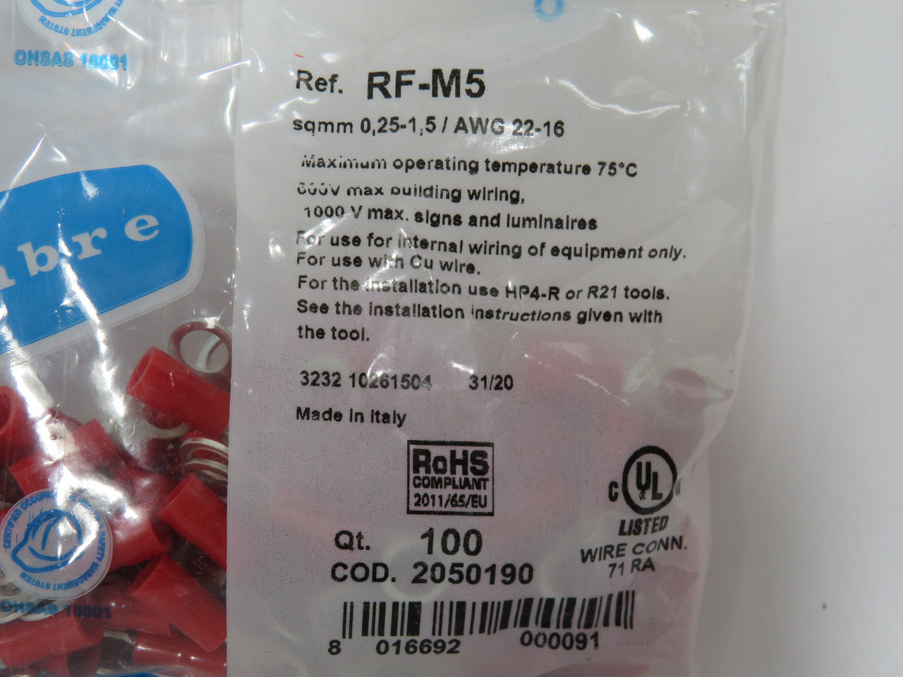 Cembre 2050190 RF-M5 Red Insulate End Sleeve 0,25-1.5/AWG Open Bag Lot of 73 NWB