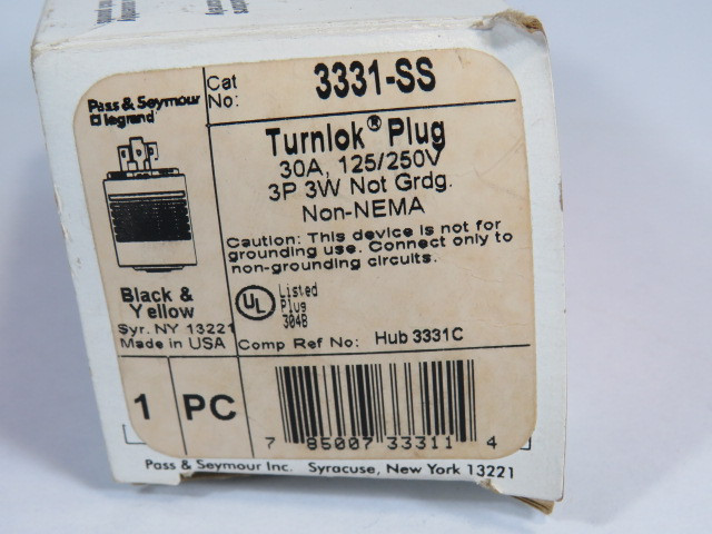 Pass & Seymour 3331-SS Turnlok Plug 30A 125/250V 3P Black & Yellow ! NEW !