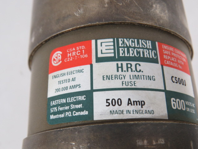 English Electric C500J Energy Limiting Fuse 500A 600VAC USED