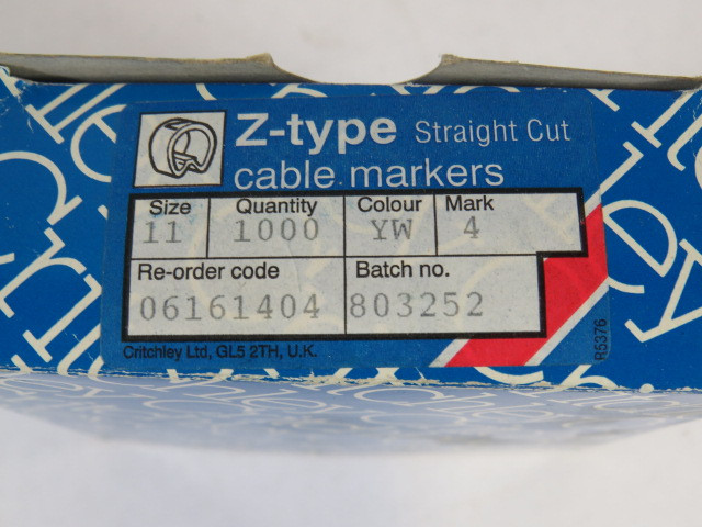 Critchley 06161404 Yellow Cable Marker #4 Z11 Straight Cut 700-Pack  NEW