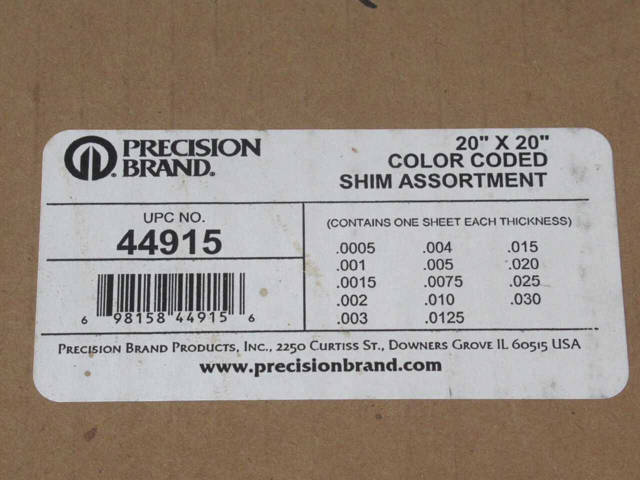 Precision Brand 44915 Plastic 20x20" Color Coded Flat Shim Assortment NEW