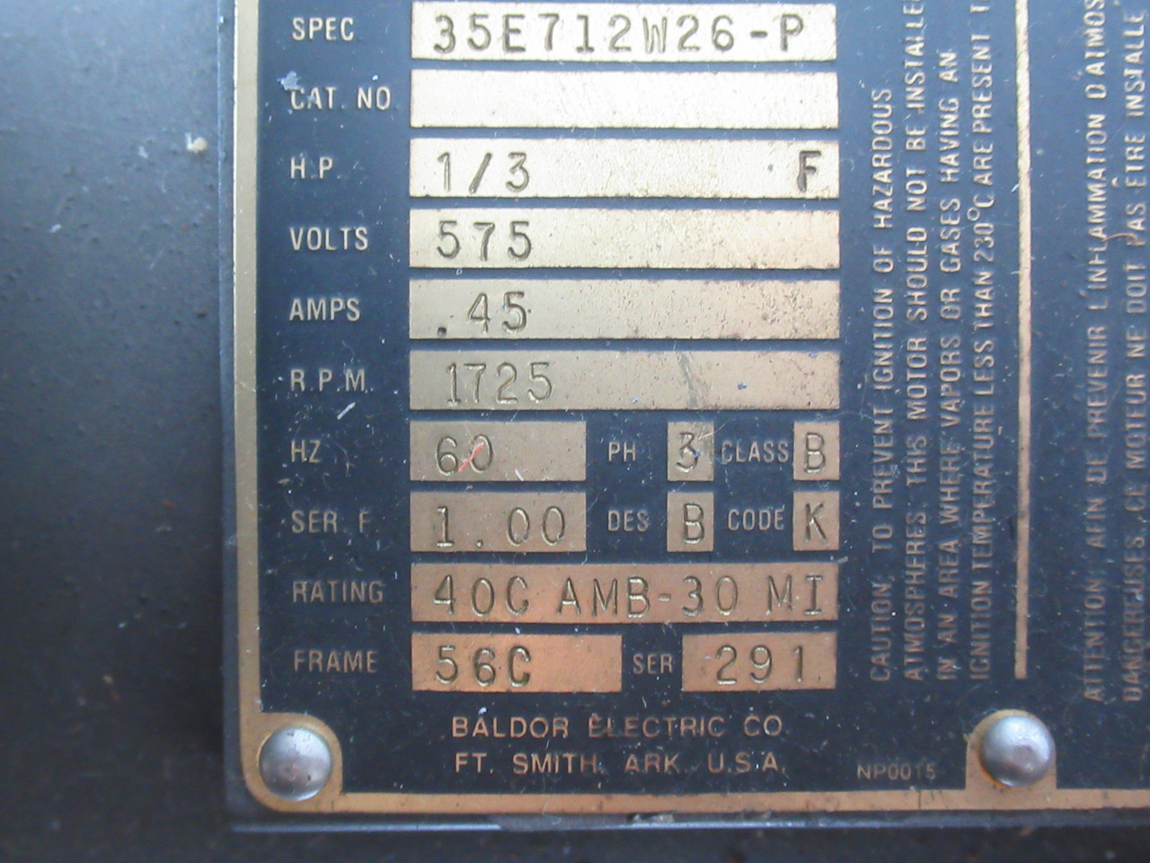 Baldor 1/3HP 1725RPM 575V 56C 3PH 0.45A 60Hz C/W Stearns Brake 1.5Lb-Ft USED