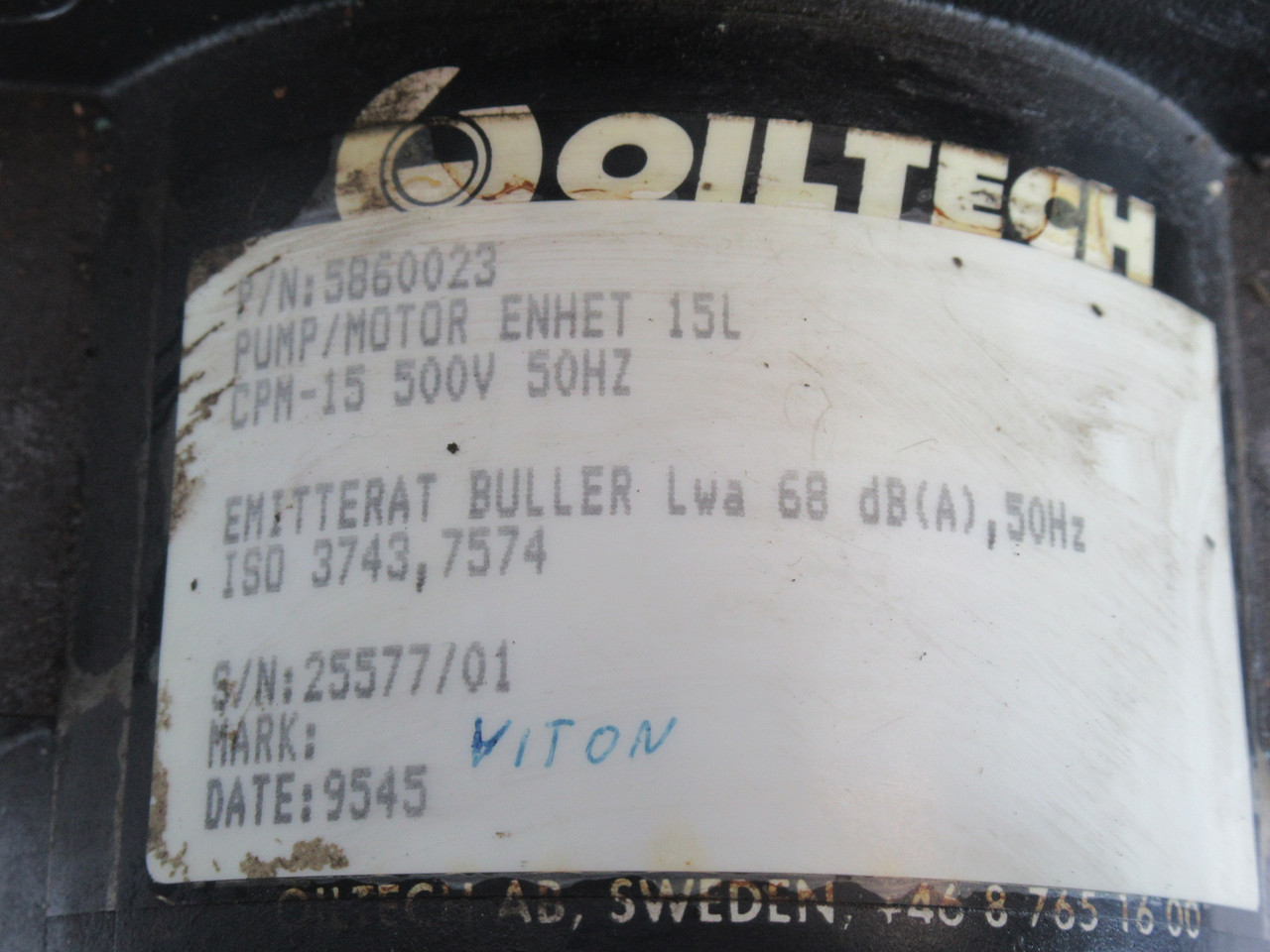 Oiltech 5860023 Oil Pump C/W VEM Motor 0.75kW 1710RPM 570V TEFC 60Hz 1.5A USED