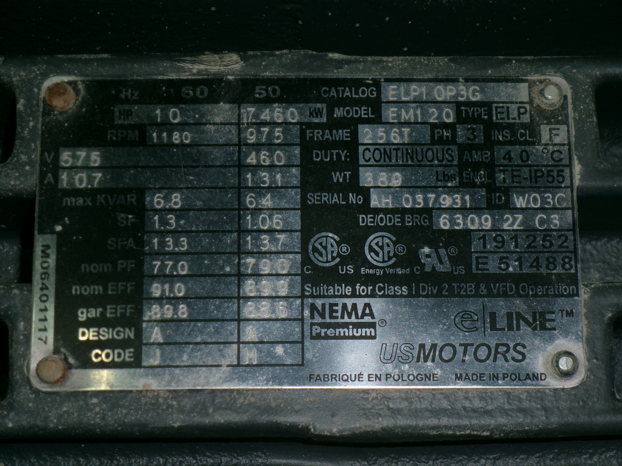 US Motors 10HP 7.460kW 975/1180RPM 460/575V 256T TE 3Ph 13.1/10.7A 50/60Hz NEW