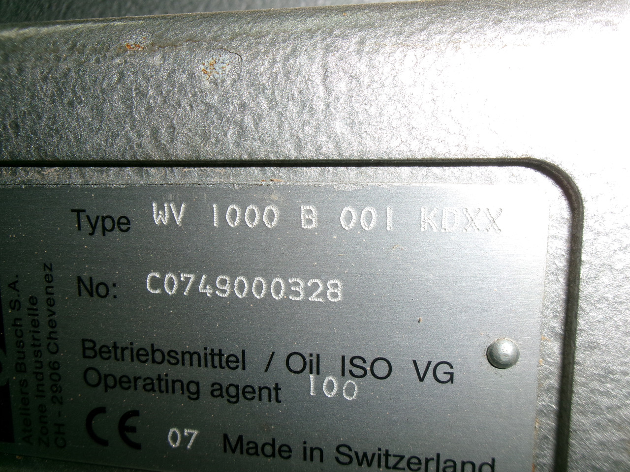 Busch WV 1000 B 001 KDXX Vacuum Pump C/W Motor 3.0 kW Requires CTR100 Oil USED