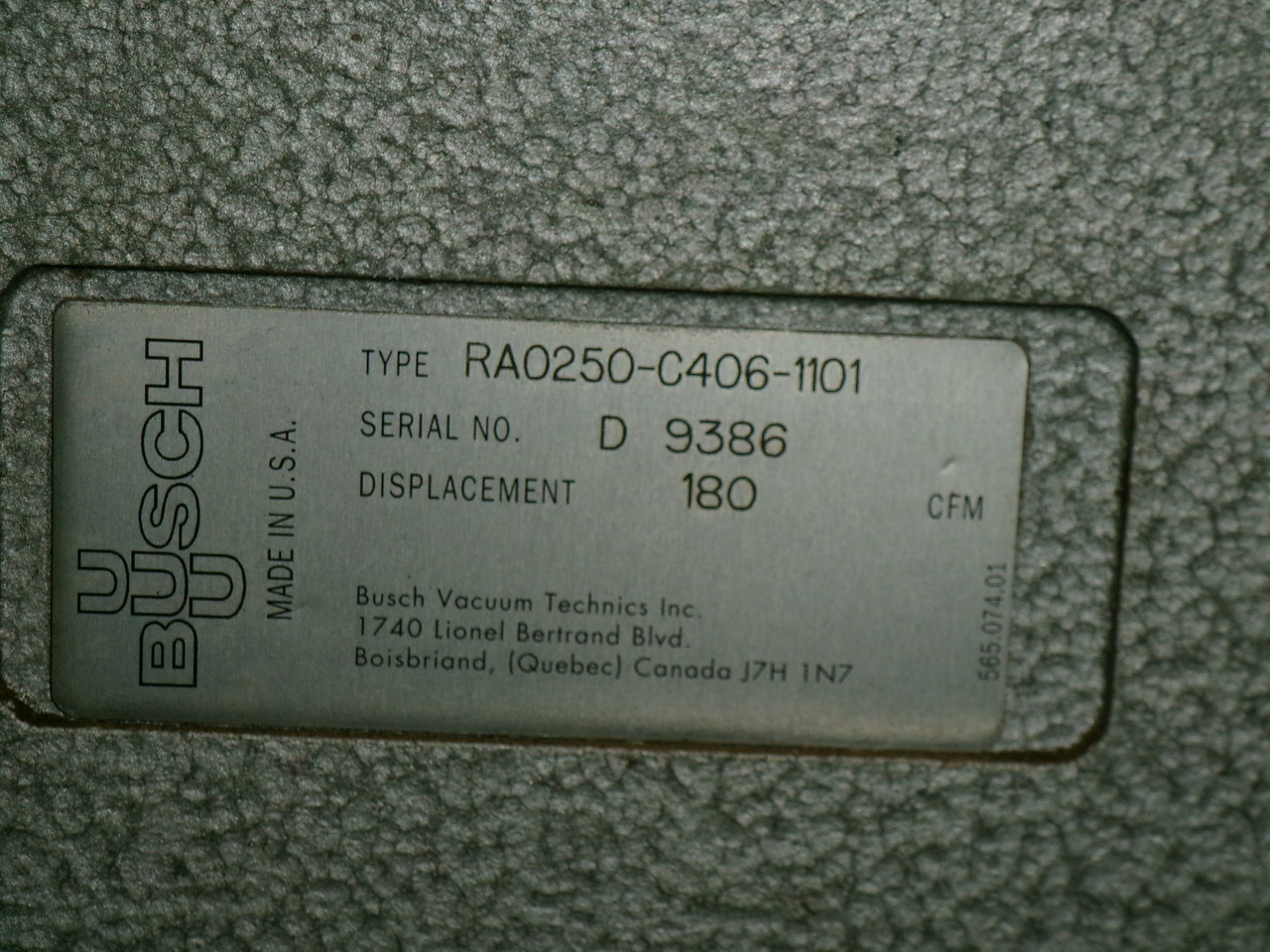 Busch RA0250-C406-1101 Vacuum Pump 180 CFM NO MOTOR USED