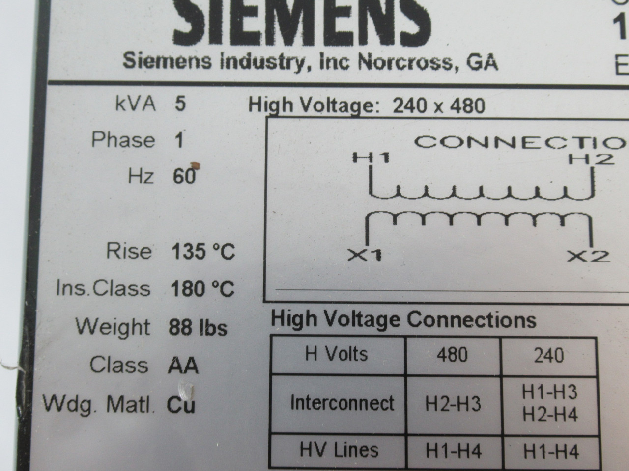 Siemens 1D1N005 Encapsulated Transformer 5000VA Pri: 240x480V BENT FRAME USED