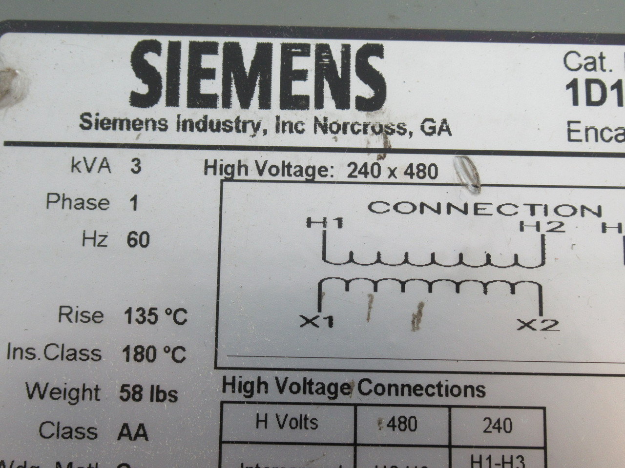 Siemens 1D1N003 Encapsulated Transformer 3000VA Pri: 240x480V Sec 120/240V USED