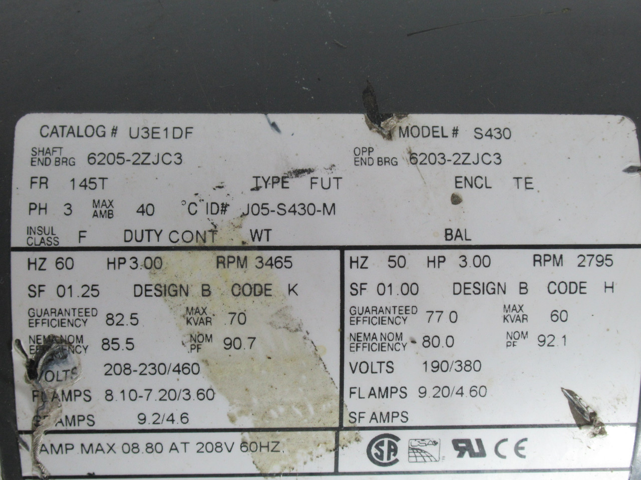 US Motors 3HP 3465 RPM 208-230V 460V 145T TE 3Ph 8.10-7.20/3.6A 60Hz NO KEY USED