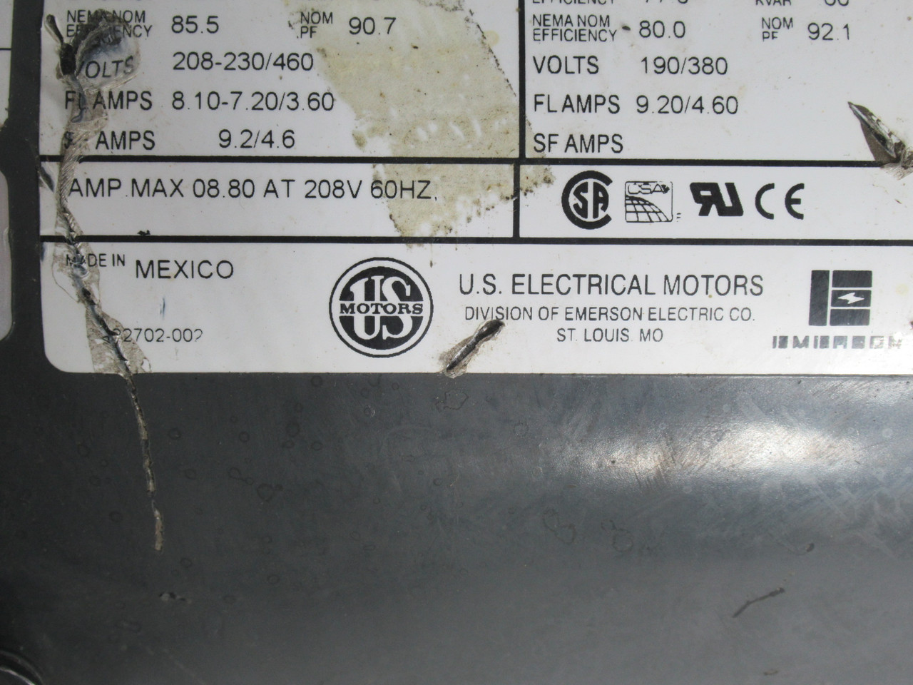 US Motors 3HP 3465 RPM 208-230V 460V 145T TE 3Ph 8.10-7.20/3.6A 60Hz NO KEY USED