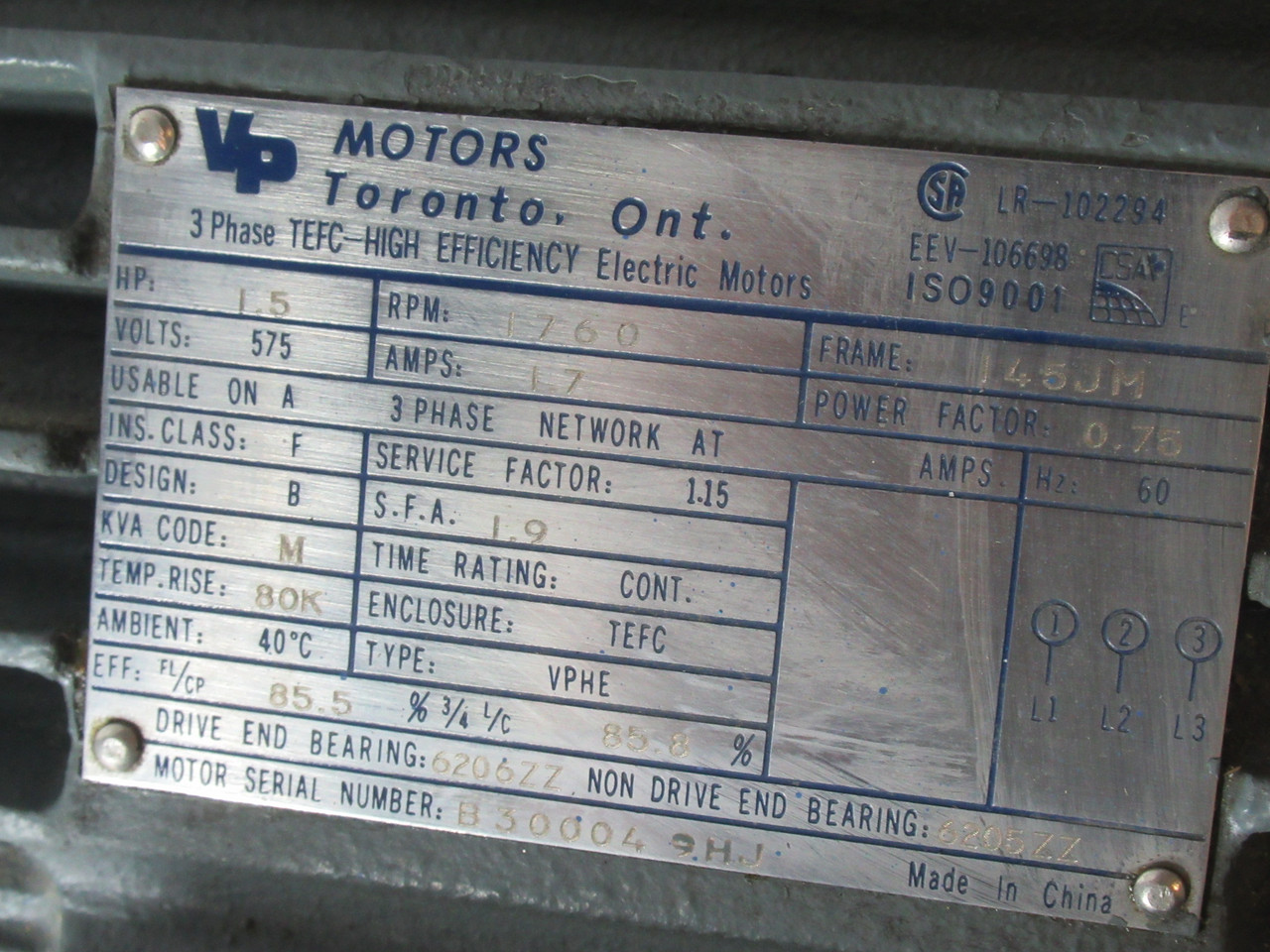 VP Motors 1.5HP 1760RPM 575V 145JM TEFC 3Ph 1.7A 60Hz C/W Key BROKEN FOOT USED