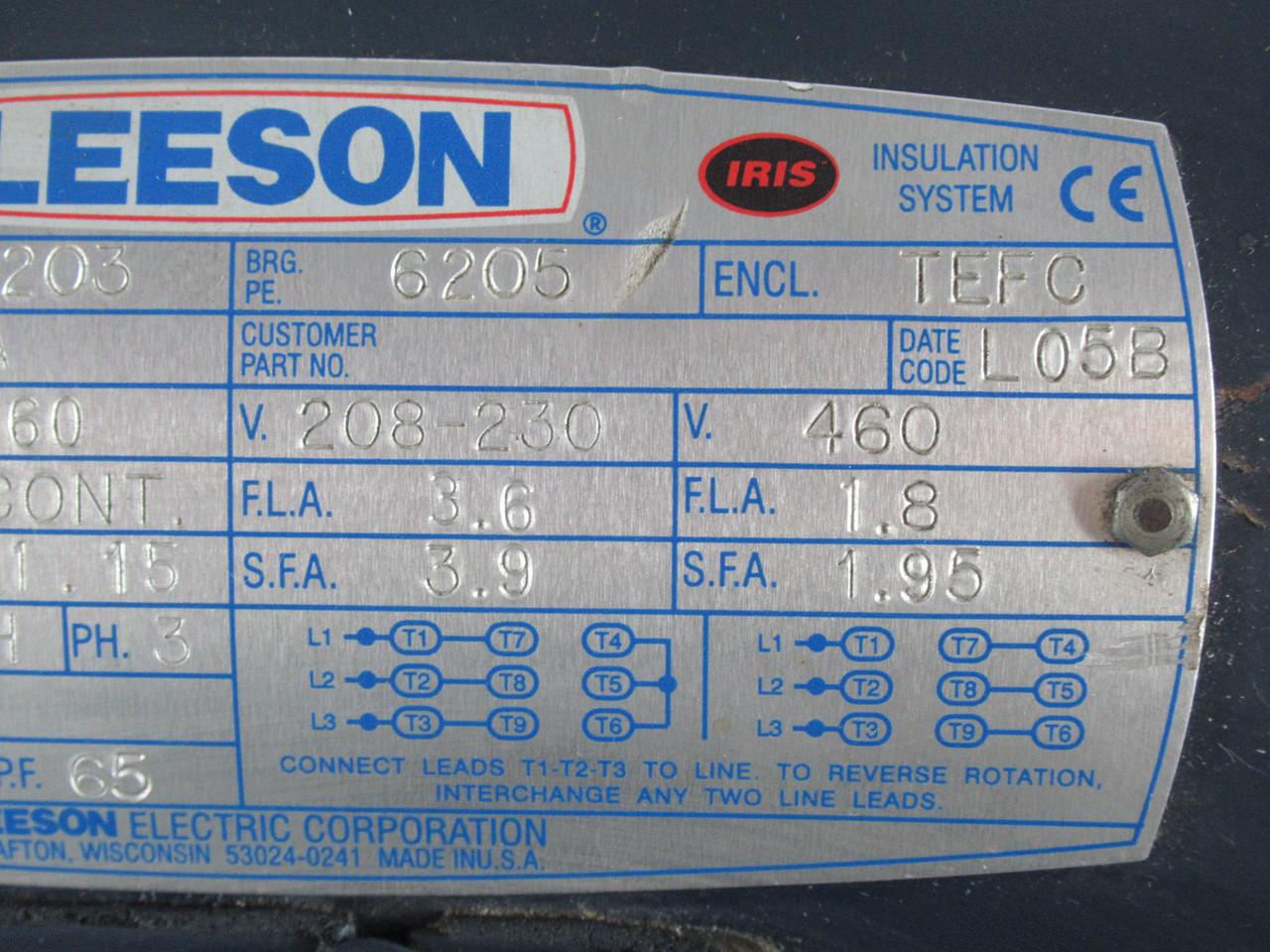 Leeson G120087.00 1HP 1160RPM 208-230V/460V G145T TEFC 3Ph 3.6A 60Hz NO KEY USED