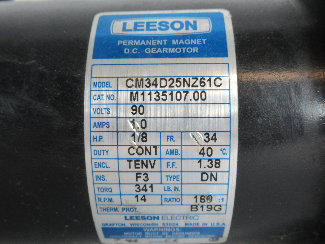 Leeson DC Gearmotor 180:1 341 In-Lbs 1/8HP 14RPM 90VDC 34 TENV 1.0A NO KEY USED
