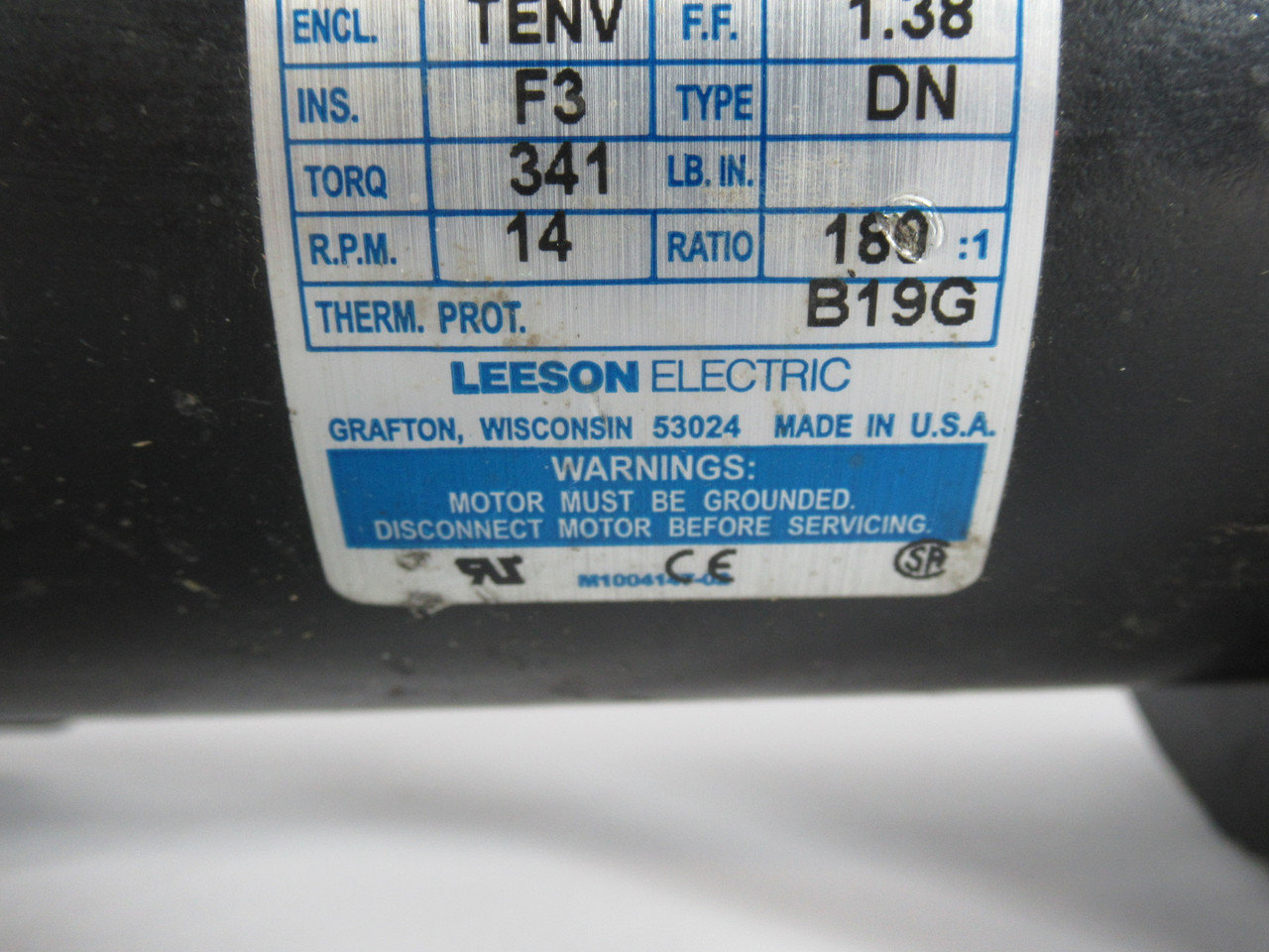 Leeson DC Gearmotor 180:1 341 In-Lbs 1/8HP 14RPM 90VDC 34 TENV 1.0A NO KEY USED