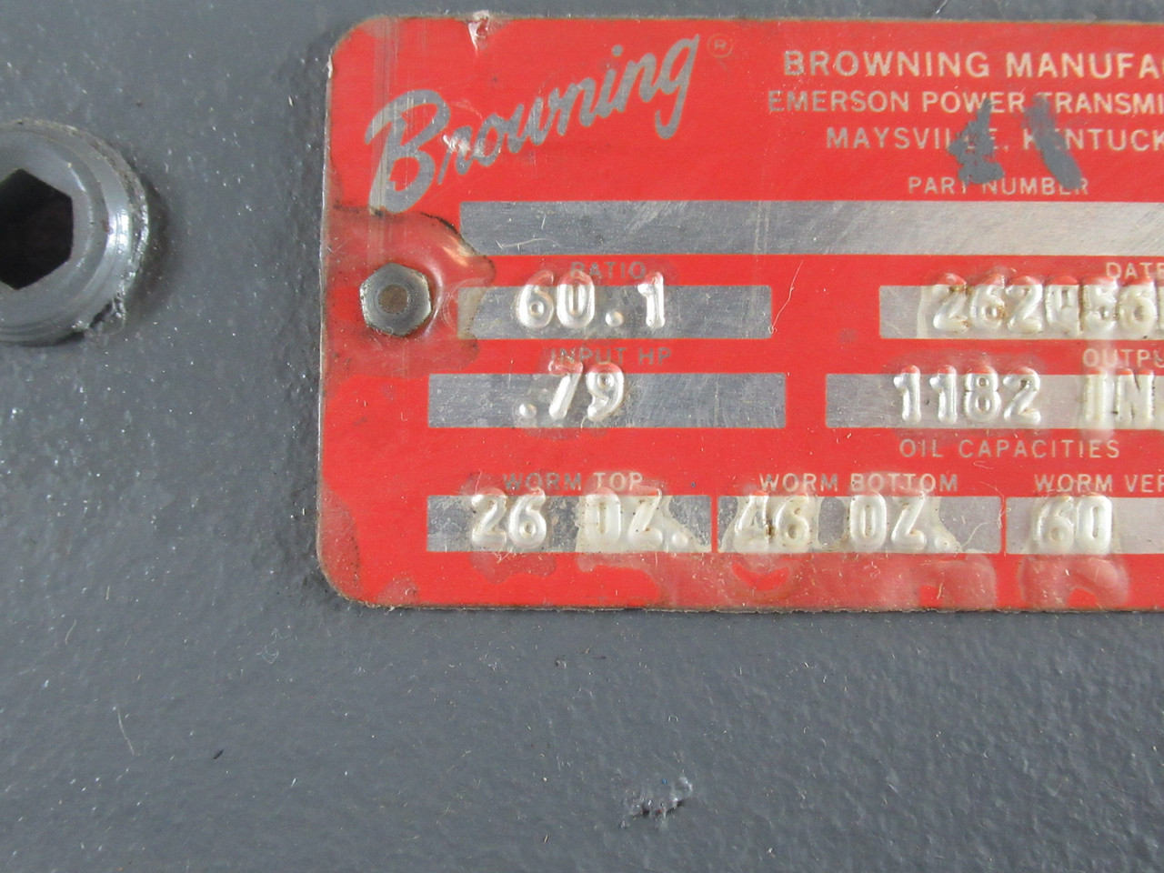 Browning 262Q56L60 Right Angle Worm Gear Reducer 60:1 1182 In-lbs .79HP USED