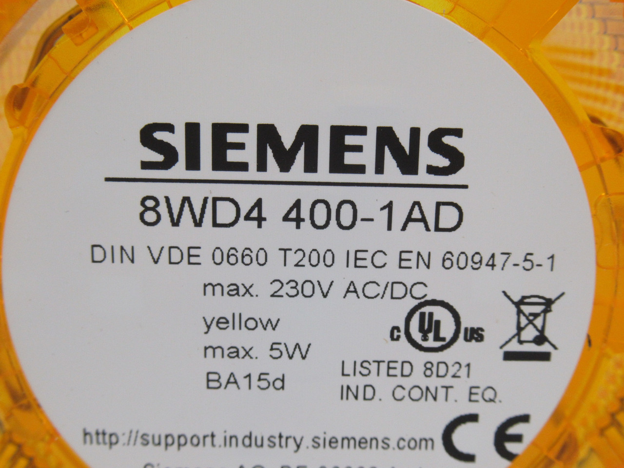 Siemens 8WD4400-1AD Continuous Light Element Amber/Yellow 230V 5W 70mm D USED
