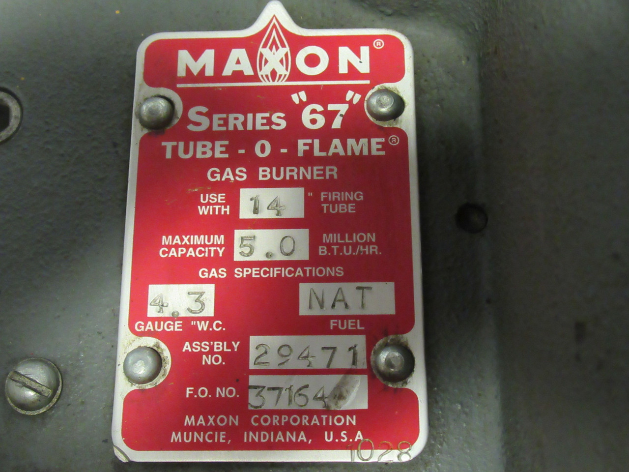 Maxon 29471 Natural Gas Burner Flange Housing 5M BTU/Hr 4.3 Gauge W.C. USED