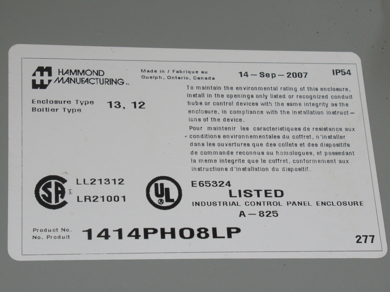 Hammond 1414PHO8LP Hinged Junction Box Less Panel 16" x 14" x 8" HOLES CUT USED