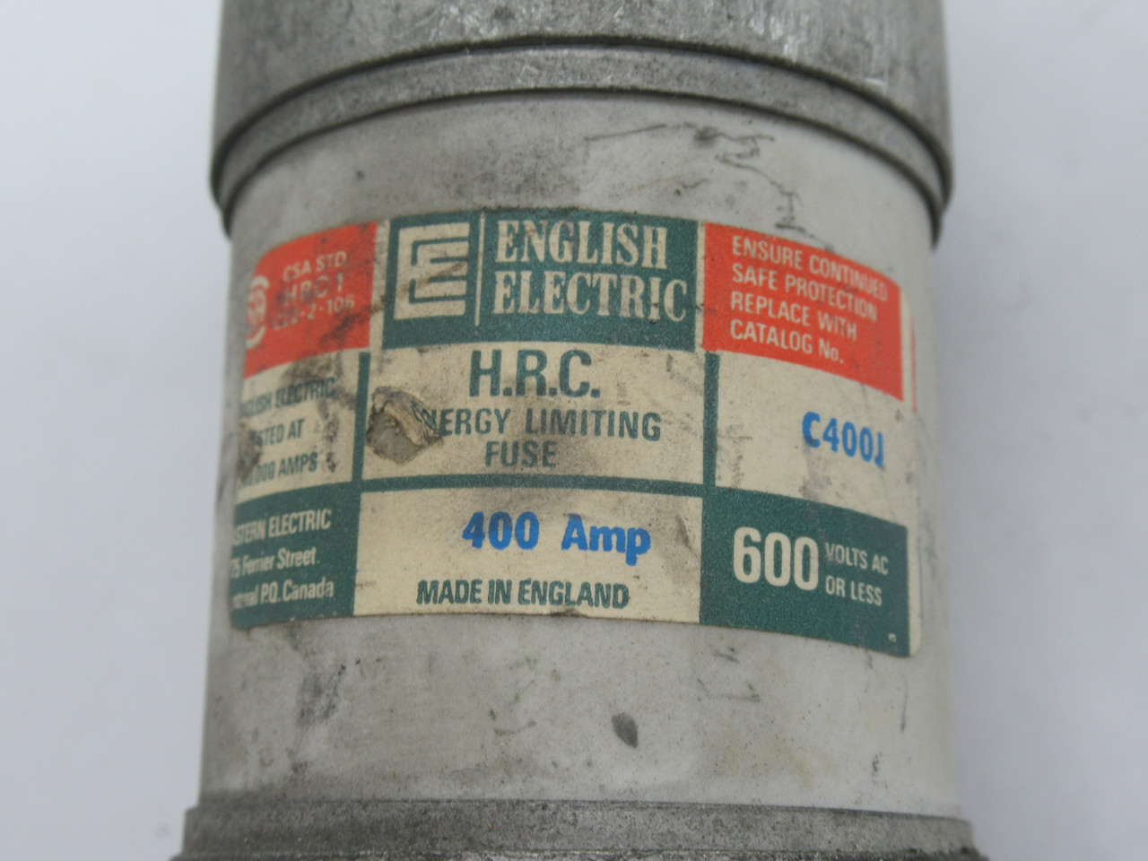 English Electric C400J HRC Energy Limiting Fuse 400A 600VAC USED