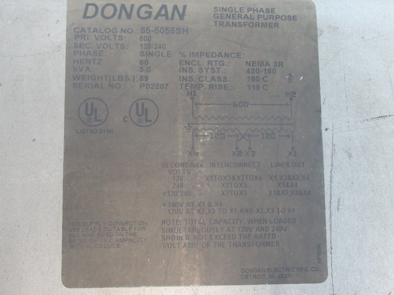 Dongan 85-5055SH General Purpose Transformer 5kVA Pri 600V Sec 120/240V 1Ph USED