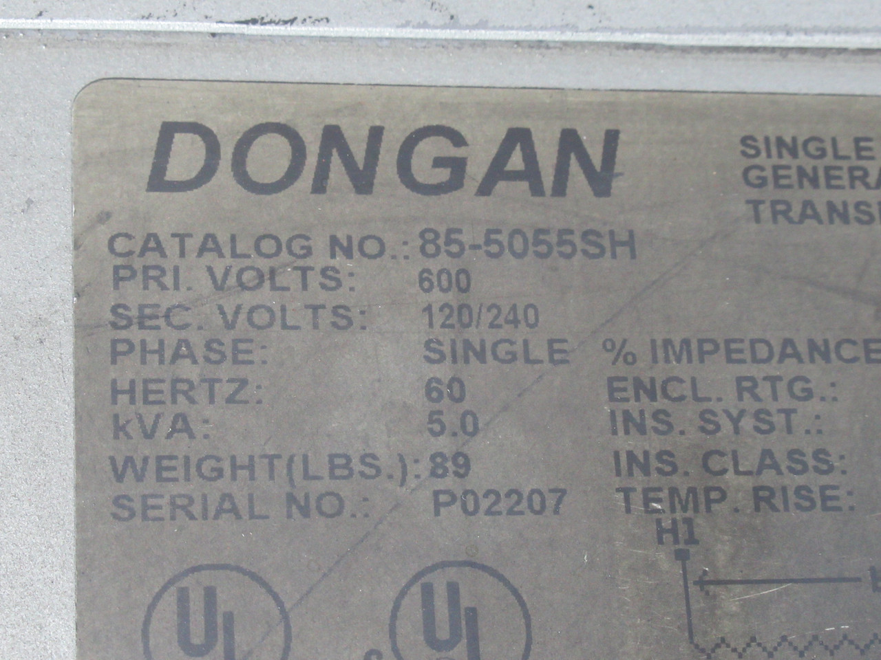 Dongan 85-5055SH General Purpose Transformer 5kVA Pri 600V Sec 120/240V 1Ph USED