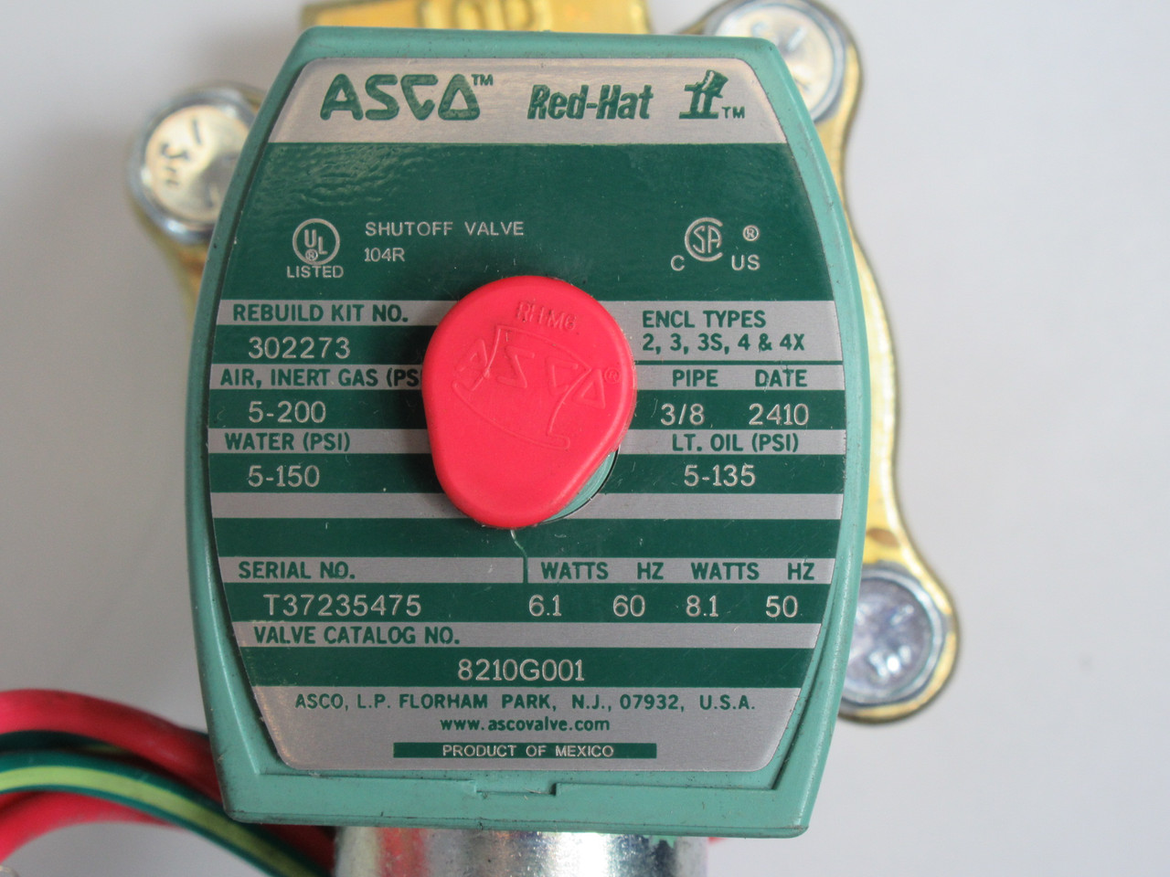 Asco 8210G001 Brass Solenoid Valve 110V@50Hz 120V@60Hz 3/8" NPT NOP