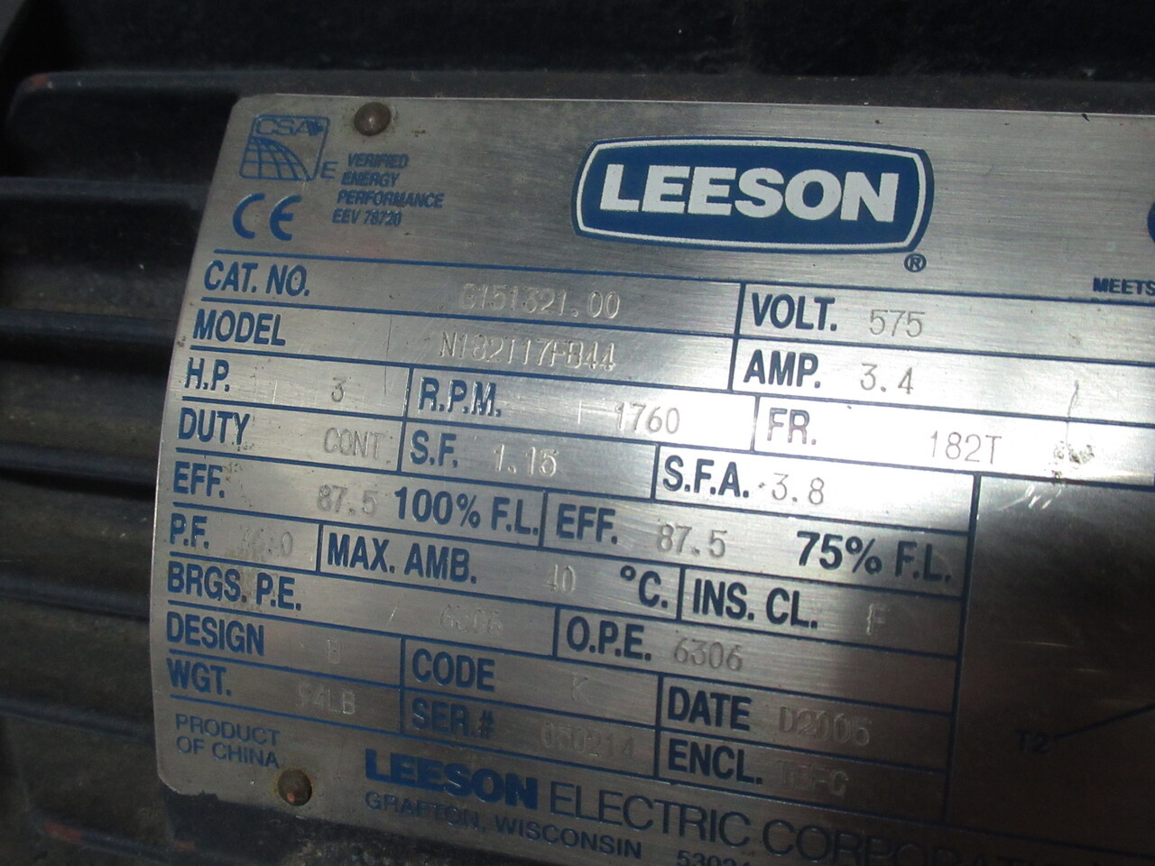 Leeson 3HP 1760RPM 575V 182T TEFC 3Ph 3.4A 60Hz USED